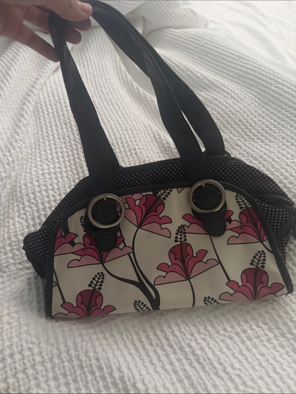 Roxy Pink and Cream Floral Shoulder Bag with Black Straps
